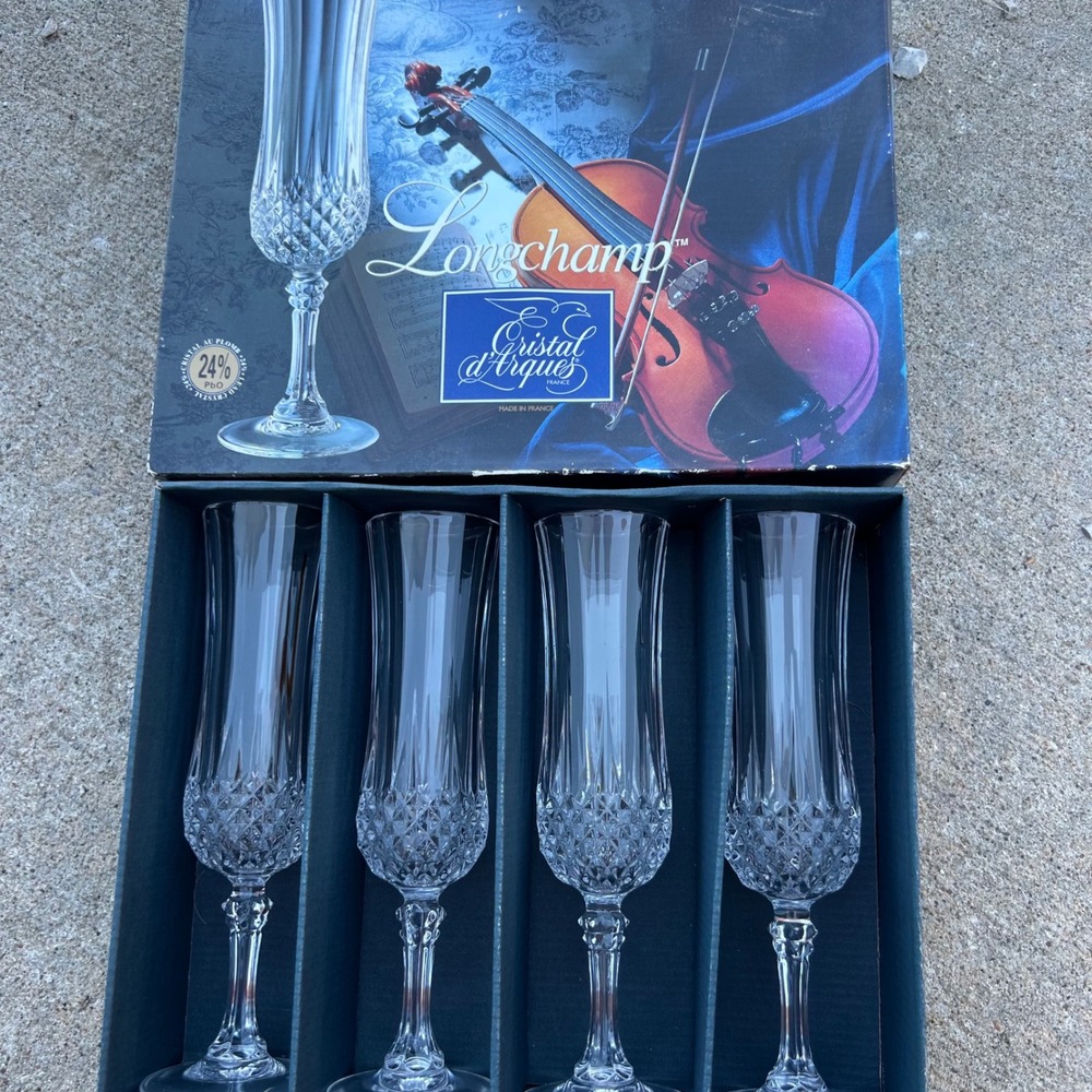 Longchamp Cristal D Arques Crystal Champagne Flutes Set of 4 Glasses France